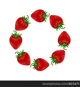 Wreath from 3d red strawberries with space for text. Realistic sweet food. Organic fruit. Vector illustration for any design.
