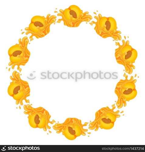 Wreath from bright peach fruit juice splash with space for text. Cartoon organic sweet food. Summer fruits for healthy lifestyle. Vector illustration for any design. Wreath from bright peach fruit juice splash with space for text. Cartoon organic sweet food. Summer fruits for healthy lifestyle. Vector illustration for any design.