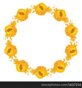 Wreath from bright peach fruit juice splash with space for text. Cartoon organic sweet food. Summer fruits for healthy lifestyle. Vector illustration for any design. Wreath from bright peach fruit juice splash with space for text. Cartoon organic sweet food. Summer fruits for healthy lifestyle. Vector illustration for any design.