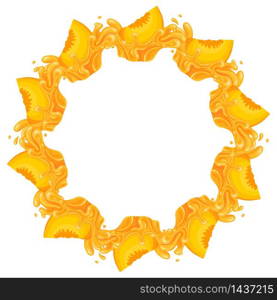 Wreath from bright peach fruit juice splash with space for text. Cartoon organic sweet food. Summer fruits for healthy lifestyle. Vector illustration for any design. Wreath from bright peach fruit juice splash with space for text. Cartoon organic sweet food. Summer fruits for healthy lifestyle. Vector illustration for any design.