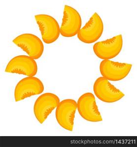 Wreath from bright peach fruit with space for text. Cartoon organic sweet food. Summer fruits for healthy lifestyle. Vector illustration for any design. Wreath from bright peach fruit with space for text. Cartoon organic sweet food. Summer fruits for healthy lifestyle. Vector illustration for any design.