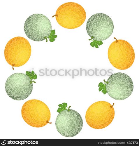 Wreath from cantaloupe and honeydew melons with space for text. Cartoon organic sweet food. Summer fruits for healthy lifestyle. Vector illustration for any design. Wreath from cantaloupe and honeydew melons with space for text. Cartoon organic sweet food. Summer fruits for healthy lifestyle. Vector illustration for any design.