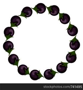 Wreath from Eggplants with Space for Text. Raw Ripe Aubergine Vegetables isolated on white background. Organic Food. Cartoon Style. Vector illustration for Your Design, Web.