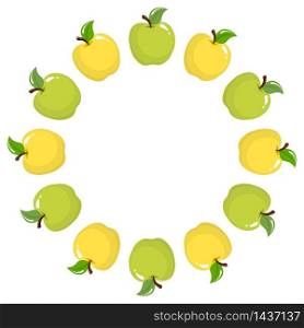 Wreath from green and yellow apple fruits with space for text. Cartoon organic sweet food. Summer fruits for healthy lifestyle. Vector illustration for any design. Wreath from green and yellow apple fruits with space for text. Cartoon organic sweet food. Summer fruits for healthy lifestyle. Vector illustration for any design.