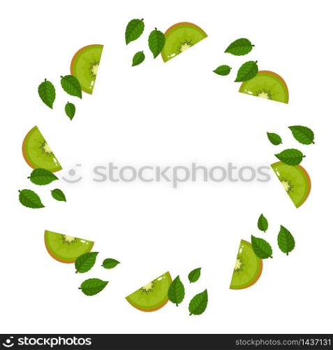 Wreath from green kiwi fruits with space for text. Cartoon organic sweet food. Summer fruits for healthy lifestyle. Vector illustration for any design. Wreath from green kiwi fruits with space for text. Cartoon organic sweet food. Summer fruits for healthy lifestyle. Vector illustration for any design.