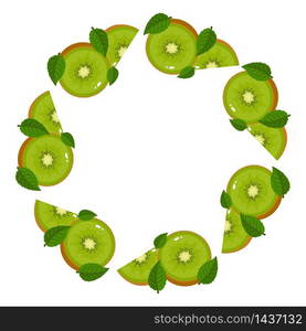 Wreath from green kiwi fruits with space for text. Cartoon organic sweet food. Summer fruits for healthy lifestyle. Vector illustration for any design. Wreath from green kiwi fruits with space for text. Cartoon organic sweet food. Summer fruits for healthy lifestyle. Vector illustration for any design.