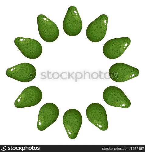 Wreath from green whole avocado with space for text. Cartoon organic sweet food. Summer fruits for healthy lifestyle. Vector illustration for any design. Wreath from green whole avocado with space for text. Cartoon organic sweet food. Summer fruits for healthy lifestyle. Vector illustration for any design.