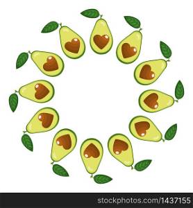 Wreath from half avocado heart with space for text. Cartoon organic sweet food. Summer fruits for healthy lifestyle. Vector illustration for any design. Wreath from half avocado heart with space for text. Cartoon organic sweet food. Summer fruits for healthy lifestyle. Vector illustration for any design.