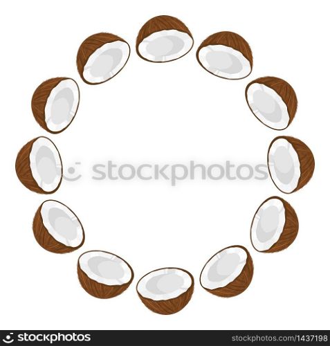 Wreath from half coconut with space for text. Cartoon organic sweet food. Summer fruits for healthy lifestyle. Vector illustration for any design. Wreath from half coconut with space for text. Cartoon organic sweet food. Summer fruits for healthy lifestyle. Vector illustration for any design.