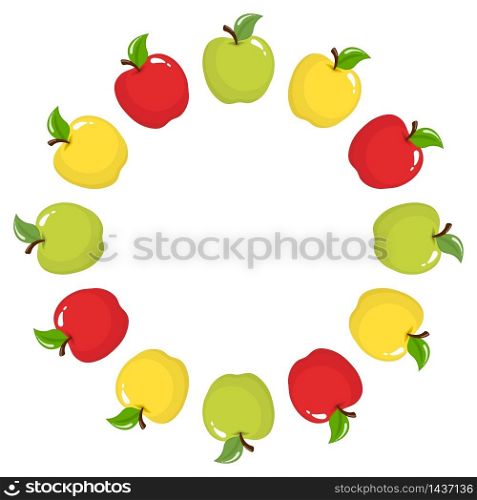 Wreath from red, green and yellow apple fruits with space for text. Cartoon organic sweet food. Summer fruits for healthy lifestyle. Vector illustration for any design. Wreath from red, green and yellow apple fruits with space for text. Cartoon organic sweet food. Summer fruits for healthy lifestyle. Vector illustration for any design.