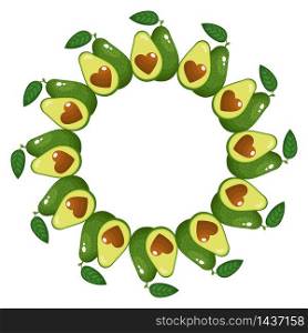 Wreath from whole and half avocado heart with space for text. Cartoon organic sweet food. Summer fruits for healthy lifestyle. Vector illustration for any design. Wreath from whole and half avocado heart with space for text. Cartoon organic sweet food. Summer fruits for healthy lifestyle. Vector illustration for any design.