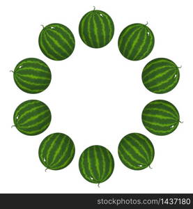 Wreath from whole watermelon with space for text. Cartoon organic sweet food. Summer fruits for healthy lifestyle. Vector illustration for any design. Wreath from whole watermelon with space for text. Cartoon organic sweet food. Summer fruits for healthy lifestyle. Vector illustration for any design.