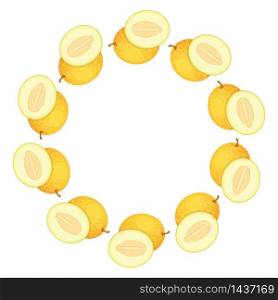 Wreath from yellow honeydew melon with space for text. Cartoon organic sweet food. Summer fruits for healthy lifestyle. Vector illustration for any design. Wreath from yellow honeydew melon with space for text. Cartoon organic sweet food. Summer fruits for healthy lifestyle. Vector illustration for any design.