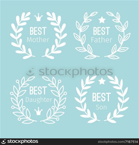 Wreath label. Wreaths emblem or tag, line floral garland stamp or insignia with crown and star vector illustration. Wreath label set