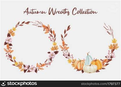 Wreath of autumn leaves and pumpkins in watercolor style
