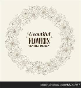 Wreath of beautiful chrystant flowers, isolated on biege. Vector illustration.