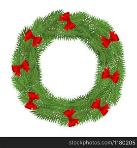 Wreath of Christmas tree branches isolated on a white background. Place for design on a banner from the branches.. Wreath of Christmas tree branches isolated on a white background.
