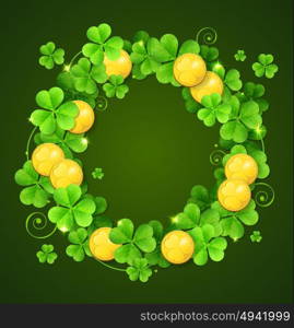 Wreath of clover leaves and golden coins on a green background. Design for St. Patrick&rsquo;s day.