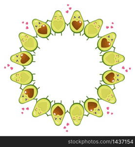 Wreath of cute cartoon avocado characters in love holding hands on a white background. Vector illustration for any design. Wreath of cute cartoon avocado characters in love holding hands on a white background. Vector illustration for any design.