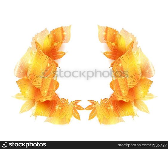 Wreath of golden leaves with sparkle. Vector frame for banner, card, invitational, letter of thanks and your design.. Wreath of golden leaves with sparkle.