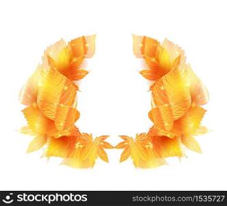 Wreath of golden leaves with sparkle. Vector frame for banner, card, invitational, letter of thanks and your design.. Wreath of golden leaves with sparkle.
