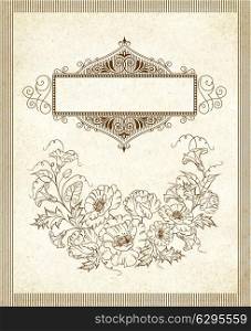 Wreath of poppy flowers with vintage frame over picture. Vector illustration