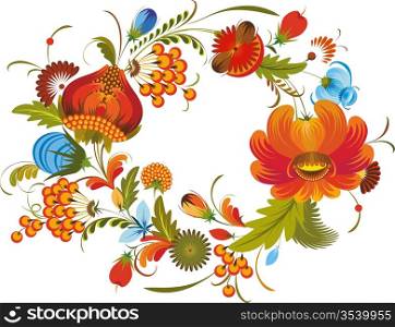wreath out of bright flowers on a white background in national style