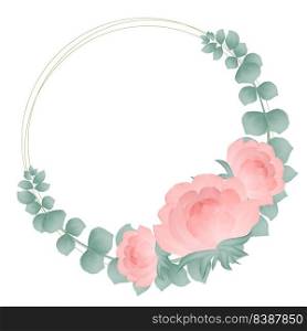 Wreath peony and eucalyptus watercolor vector. Round floral graceful frame with foliage and flowers. Circular rim pink blooming peonies and eucalyptus twigs for design invitations and cards. Wreath peony and eucalyptus watercolor vector