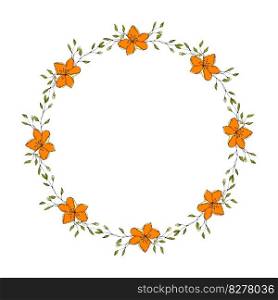 Wreath round frame with doodle orange flowers hand drawn, drawing contour floral. 