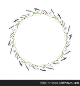 Wreath round of lavender flowers, hand-drawn in watercolor, lavender sprigs, isolated, white background.
