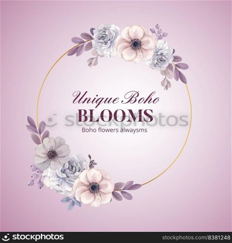 Wreath template with floral feather boho concept,watercolor style 