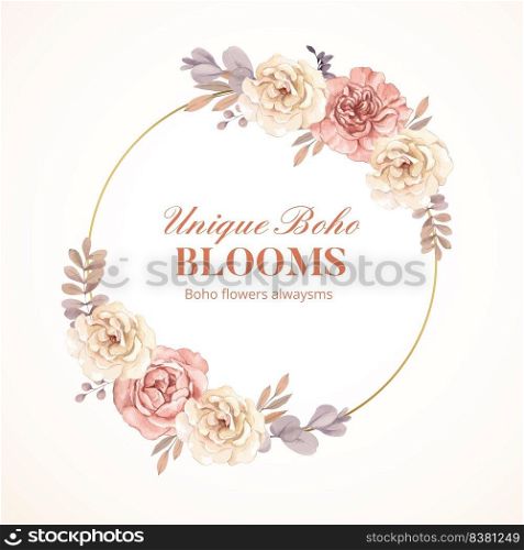 Wreath template with floral feather boho concept,watercolor style 