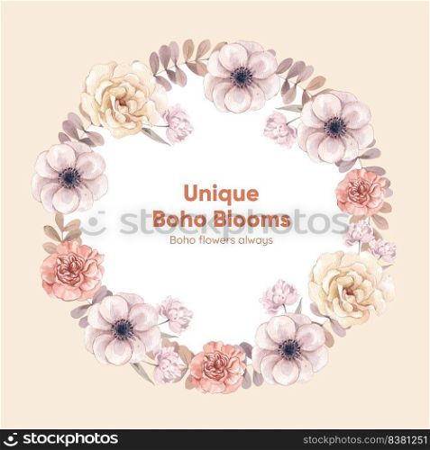 Wreath template with floral feather boho concept,watercolor style
