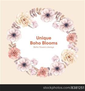 Wreath template with floral feather boho concept,watercolor style
