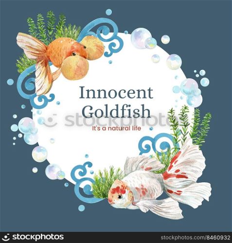 Wreath template with gold fish concept,watercolor style. 
