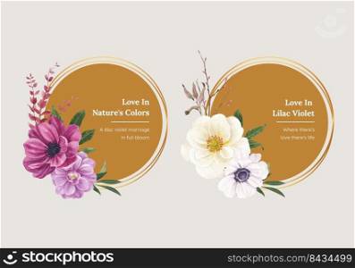 Wreath template with lilac violet wedding concept,watercolor style 