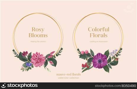 Wreath template with muave red floral concept,watercolor style
