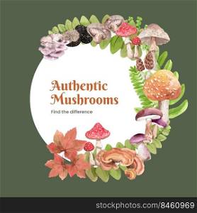 Wreath template with mushroom and forest plants concept,watercolor style 