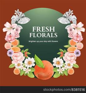 Wreath template with orange grapefruit concept,watercolor 