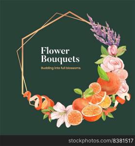 Wreath template with orange grapefruit concept,watercolor 