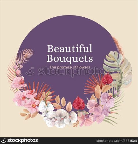 Wreath template with orchid flower with boho concept,watercolor style 