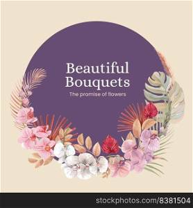 Wreath template with orchid flower with boho concept,watercolor style