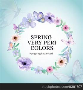 Wreath template with peri spring flower concept,watercolor style
