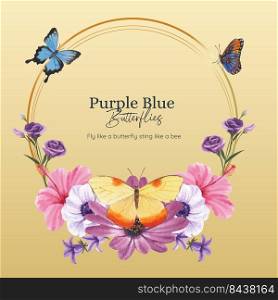 Wreath template with purple and blue butterfly concept,watercolor style 