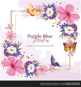 Wreath template with purple and blue butterfly concept,watercolor style 