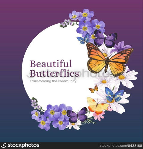 Wreath template with purple and blue butterfly concept,watercolor style 