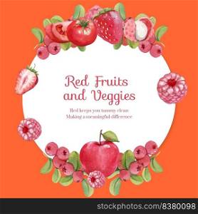 Wreath template with red fruits and vegetable concept,watercolor style 