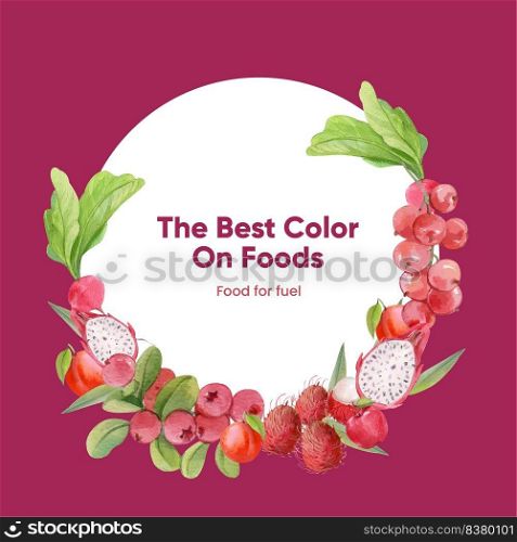 Wreath template with red fruits and vegetable concept,watercolor style
