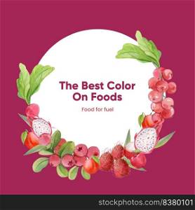 Wreath template with red fruits and vegetable concept,watercolor style