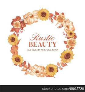 Wreath template with rustic fall foliage concept,watercolor style
